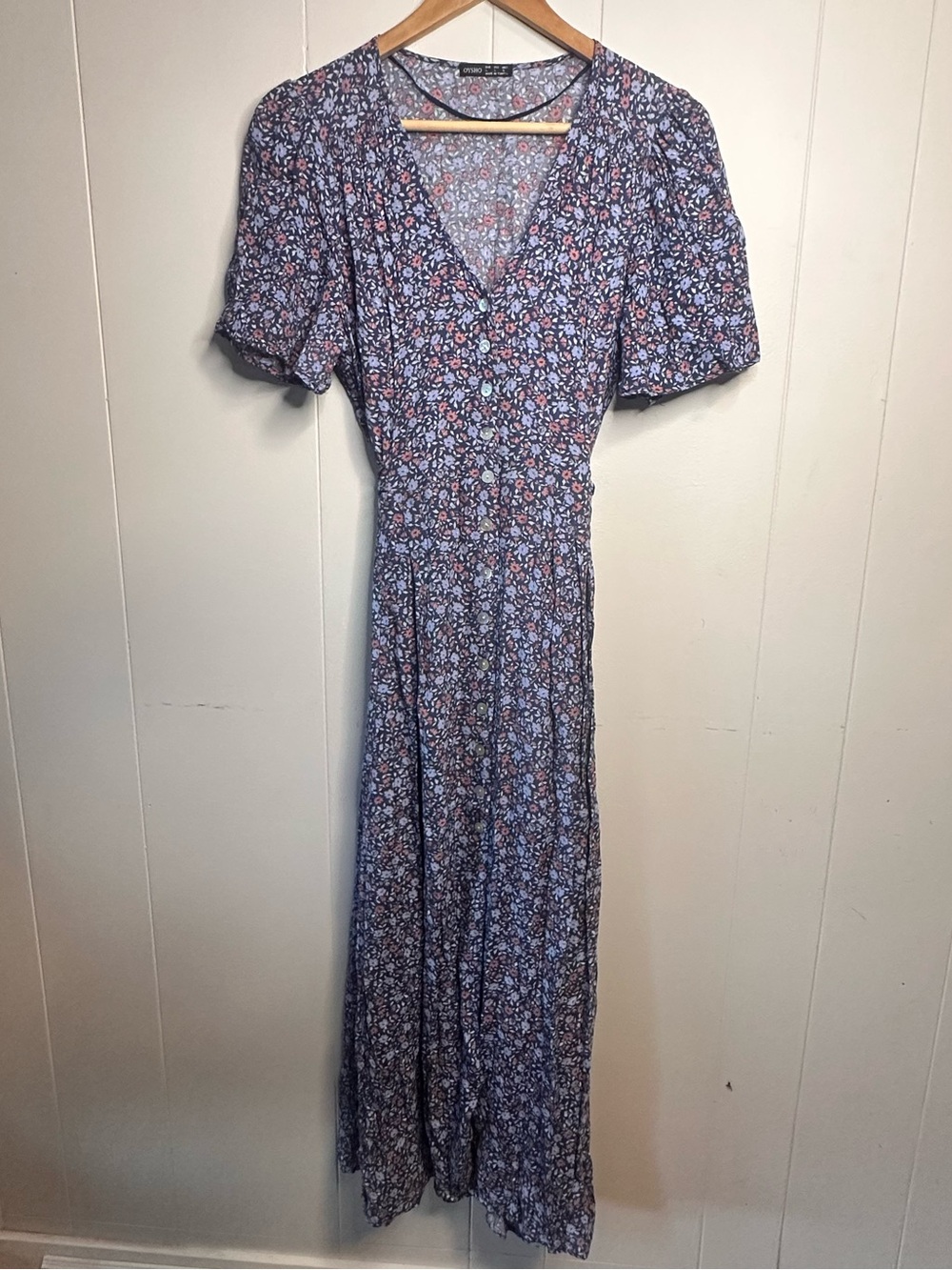 Oysho Floral Blue Wrap-Style Maxi Dress with Puff Sleeves Size Large